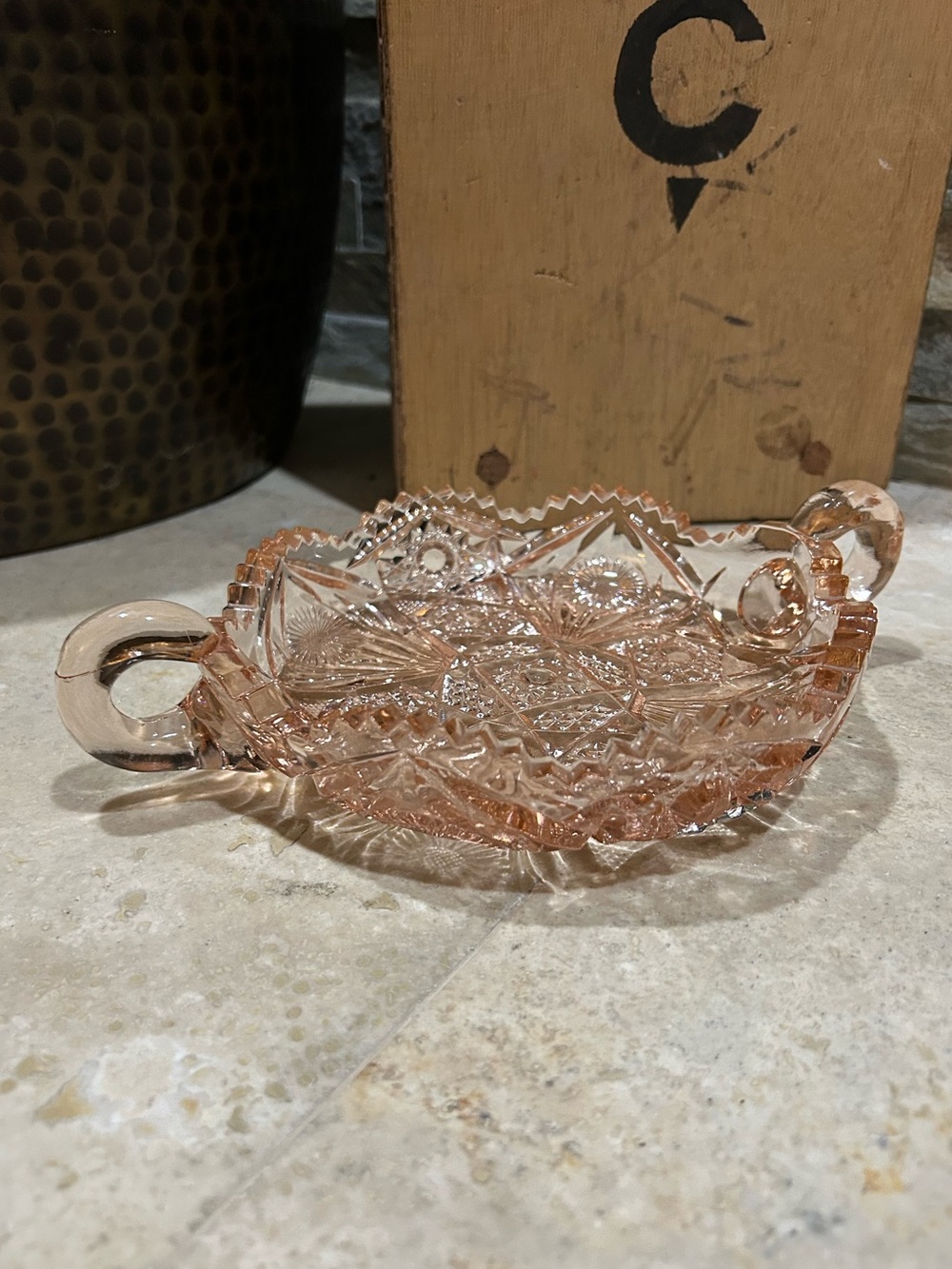 Vintage Pink Glass Decorative Dish with Handles